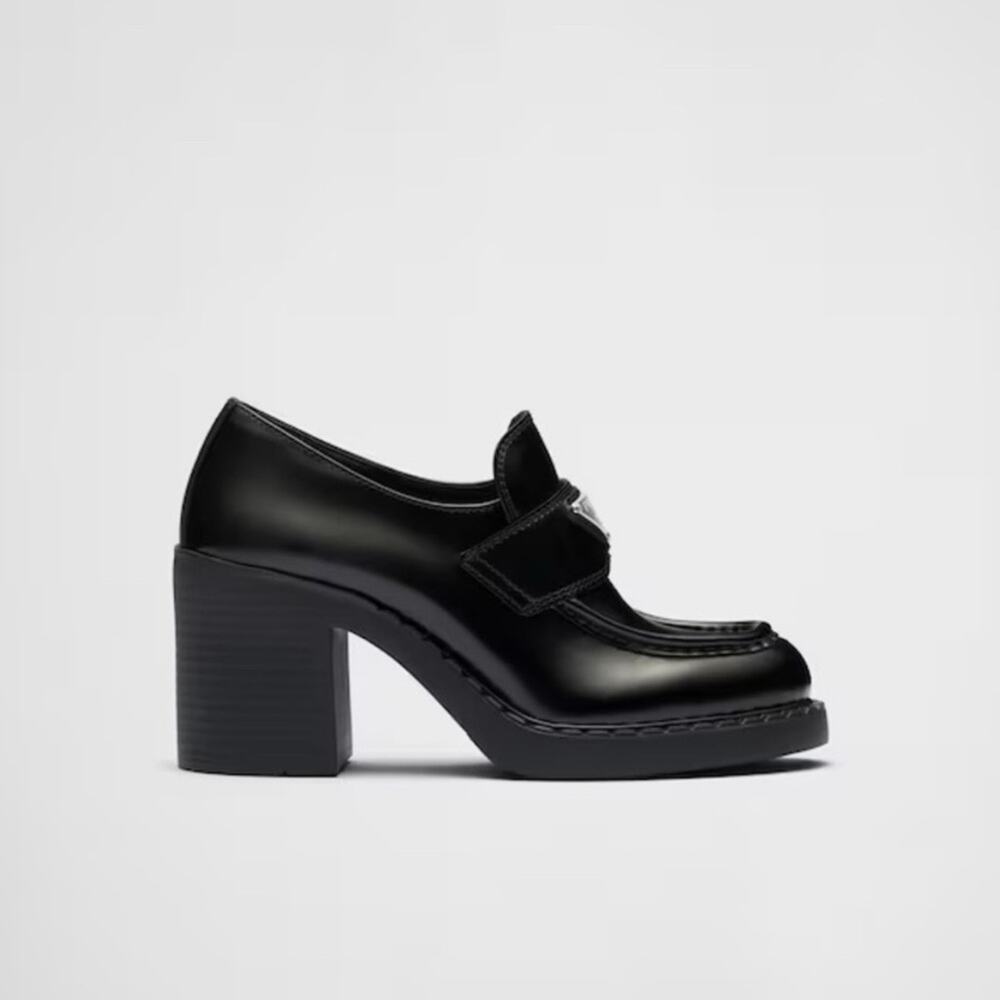 Prada Chocolate Brushed Black Leather Heeled Loafers Size: 40 - Picture 2 of 14